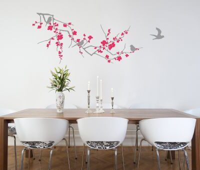 Branch with Blossom Light Grey and Magenta Wall Sticker