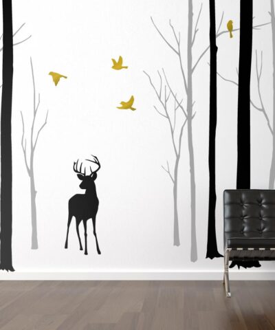 Deer in the Forest With Gold Birds Wall Sticker