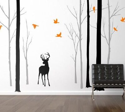 Deer in the Forest With Orange Birds Wall Sticker