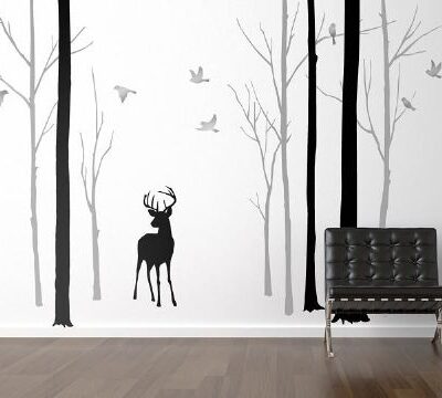 Deer in the Forest With Silver Birds Wall Sticker