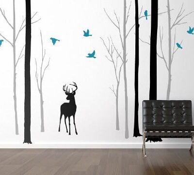 Deer in the Forest With Turquoise Birds Wall Sticker