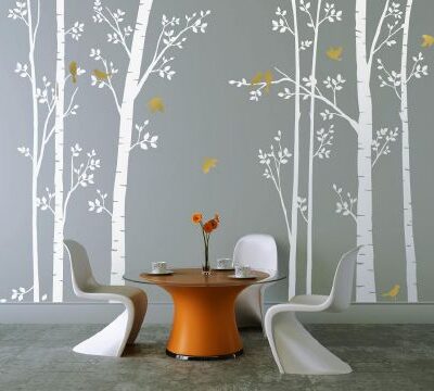 Leafy Trees White with Gold Birds Wall Sticker wall sticker