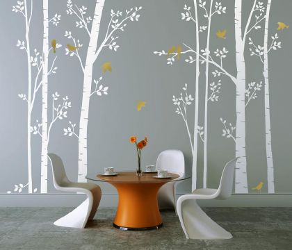 Leafy Trees White with Gold Birds Wall Sticker wall sticker