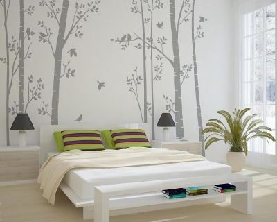 Leafy Trees Grey with Grey Birds wall sticker