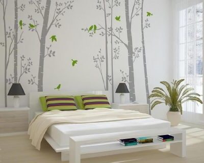 Leafy Trees Grey with Lime Green Birds wall sticker