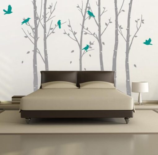 Urban Forest Wall Sticker Grey with Turquoise Birds