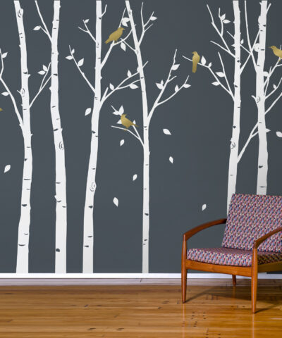 Urban Forest Wall Sticker White with Gold Birds