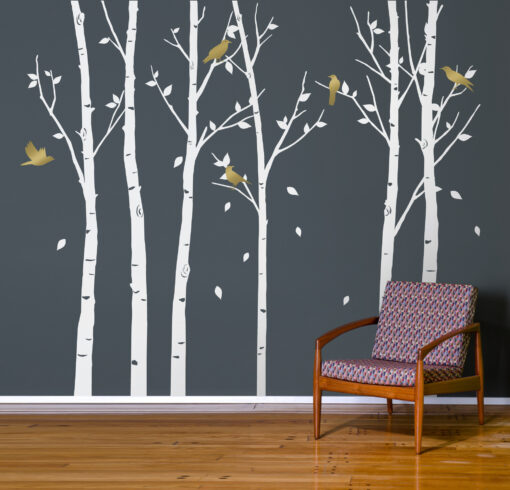Urban Forest Wall Sticker White with Gold Birds