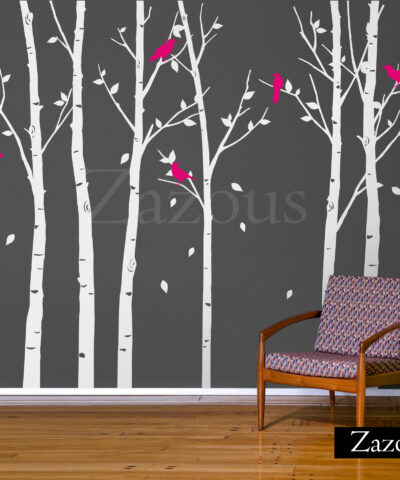 Urban Forest Wall Sticker White with Magenta Birds