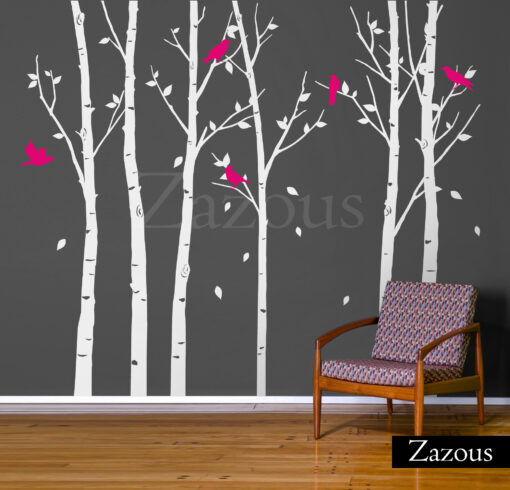 Urban Forest Wall Sticker White with Magenta Birds