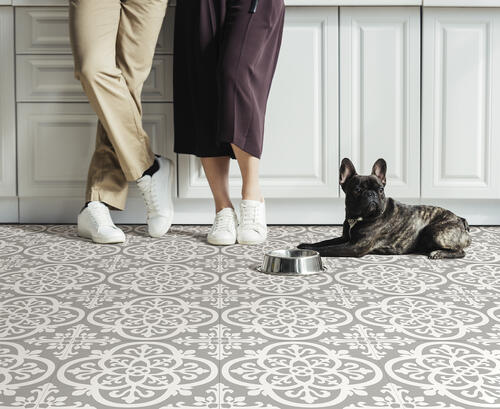 Grey and white Medina Vinyl Floor Tiles on kitchen floor